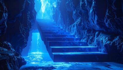 Mysterious Blue Lit Cave with Glowing Stairs and Water Reflection.