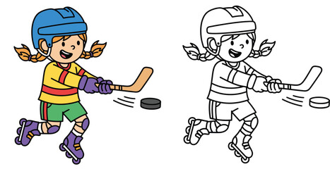 Cartoon girl playing roller hockey Happy kid skating with stick and puck vector illustration with black and white outline for coloring book page.