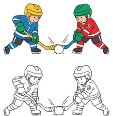 Cartoon ice hockey players face-off. Two kids playing hockey game vector illustration with black and white outline for coloring book page.
