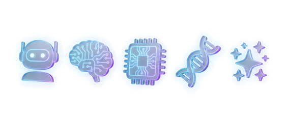 A row of five gradient-colored icons representing artificial intelligence, human brain, computer chip, DNA, and sparkling innovation on a white background.