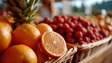 Fresh oranges and ripe raspberries in woven baskets at a vibrant outdoor market stall offering a colorful selection of fruits