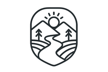 Minimalist landscape badge with mountains river sun and trees