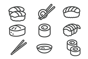 Outline icons of Japanese sushi rolls and eating utensils for food menu © icon_art