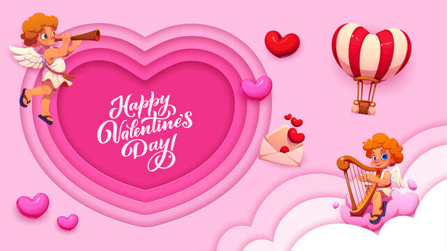 Paper cut Valentine day love heart and cartoon cherub characters, vector greeting card. Happy Valentine day or love holiday paper cut heart with love message and cupid angels on cloud playing harp