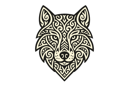Stylized wolf head tribal ornament design in black and white