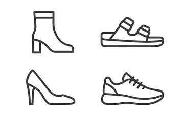 Four outline icons depicting various types of footwear and shoes