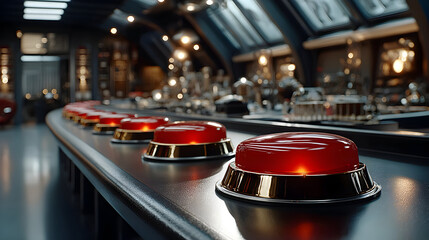 Close-up View of a Retro Futuristic Control Panel with Orange and Red Illuminated Buttons