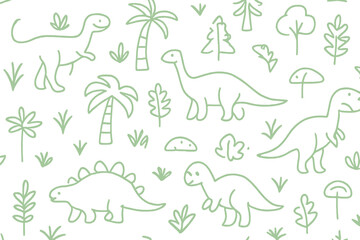 Cute seamless pattern with simple line art dinosaurs and tropical foliage © icon_art