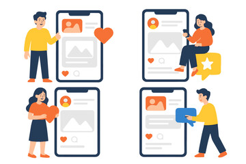 Diverse people interacting with mobile social media application interfaces showing engagement