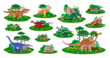 Naklejka premium Prehistoric dinosaur cartoon characters. Vector set of animal Jurassic nature landscapes. Ancient reptile species on green forest backgrounds. Funny wild creatures spikes, horns, long necks and tails