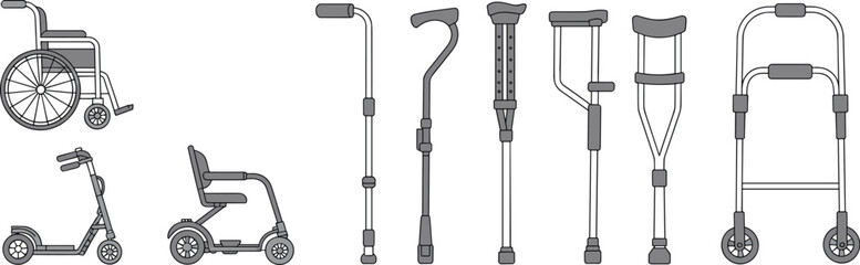 Medical mobility equipment vector set featuring wheelchair, mobility scooter, canes, crutches, and walkers in clean monochrome illustration style.