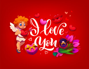 Obraz premium I Love You Valentine day quote and greeting card with cupid cherub, vector background. Valentine day or love holiday greeting card, cute cupid angel with heart and arrow, wedding ring and flowers
