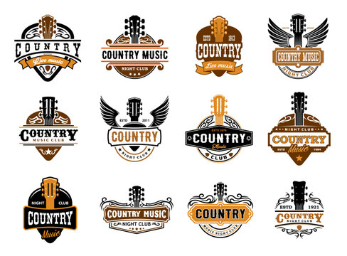 Country music icons of vector guitars with wings and picks, ribbon banners and stars. Western country music concert and festival isolated icons set. Night club, bar and old american saloon badges
