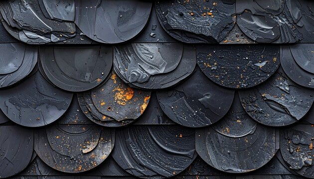 Close-Up of Overlapping Slate Tiles in Fish-Scale Pattern on Architectural Surface with Textured Finish