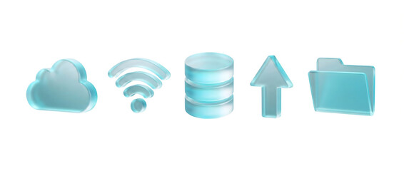 A row of five light blue 3D icons representing cloud computing, Wi-Fi, database, upload, and file folder on a white background, symbolizing digital data and network services.