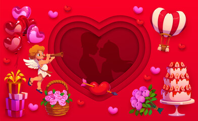 Obraz premium Valentine day paper cut greeting card with cupid and couple silhouette in heart, vector poster. Valentine day holiday greeting card with paper cut heart, wedding cake and flowers with heart balloons