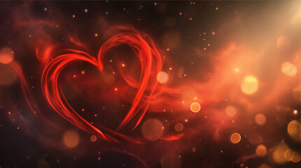 Abstract glowing red heart shape floating in a dark fiery space nebula filled with golden bokeh lights, digital illustration