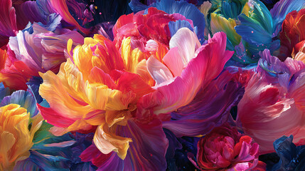 A vibrant and colorful close-up of flowers. The petals display a stunning array of hues, creating a visually captivating display