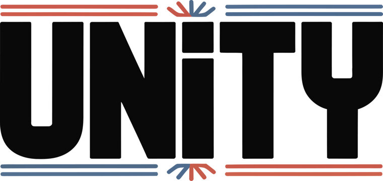 Black unity text with red and blue decorative lines word lettering