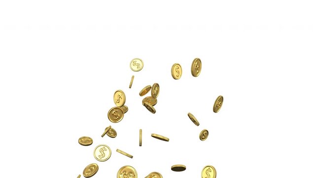 Gold Coins with Dollar Signs Explosion Fountain on White Background.