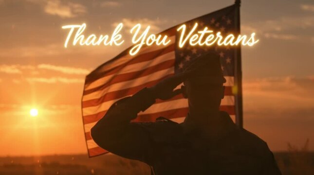 Thank You Veterans Saluting Soldier Silhouette American Flag Sunset