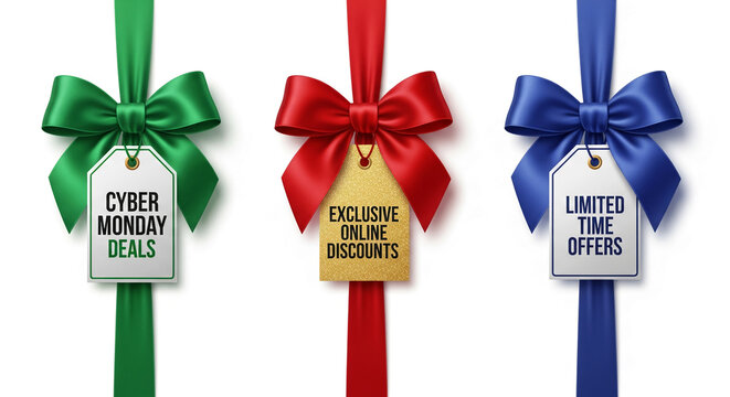 Three ribbons with bows in green, red, and blue hold tags with sale text, representing promotions and festive offers for Cyber Monday or limited time - Powered by Adobe