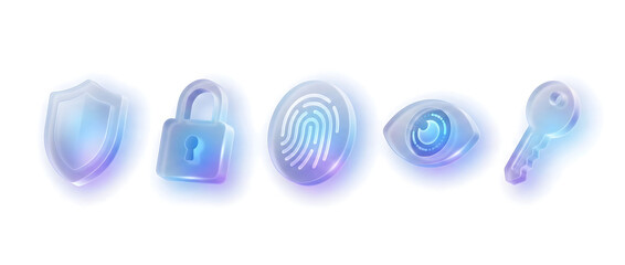 Set of glowing glassmorphism security icons including shield, padlock, fingerprint, eye, and key, representing digital protection and access.