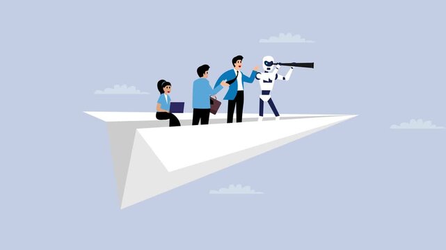 AI and Human Teamwork: Business Future Vision on Paper Plane cartoon animation