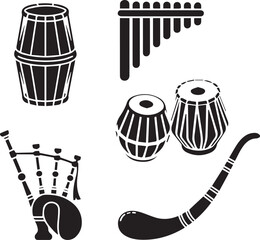 Musical Instruments and Studio Production Gear Silhouette Vector Icon Set. Mega Collection of Percussion, Brass, Woodwind, and Recording Equipment.