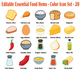 Essential Food and Ingredients Color Vector Icon Set