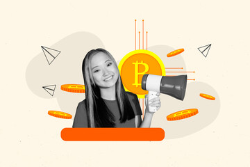 Trend artwork pop template 3d collage sketch of happy businesswoman scream megaphone receive bitcoin income cyber currency