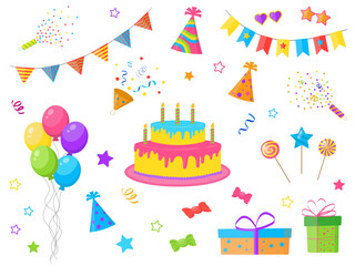 Birthday celebration set of party elements: party icons set, gifts, balloon, birthday party cake, decoration gift. Vector illustration isolated on white bg.