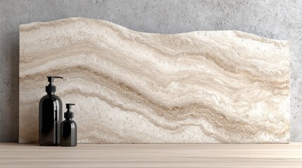 Two dark dispensers rest on a light wooden surface before a banded natural stone slab and concrete backdrop