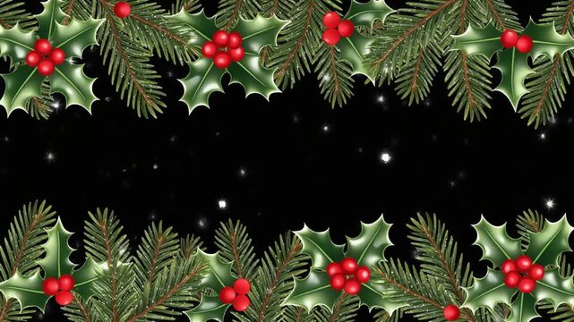 Green fir branches and pine cones form a festive Christmas holiday frame decorated with winter ornaments for a merry New Year celebration