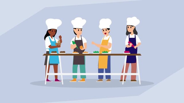 Culinary Teamwork and Cooking Class in Professional Kitchen cartoon animation