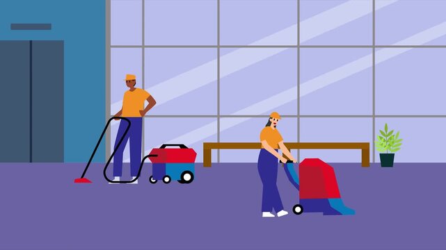 Commercial Cleaning Service Staff Working in Modern Office cartoon animation
