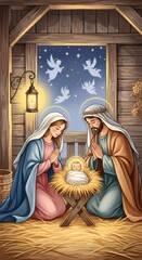 Fototapeta premium Woman and man kneeling to worship baby Jesus in a manger in a barn scene, with angels in the night sky. Christian Christmas nativity.