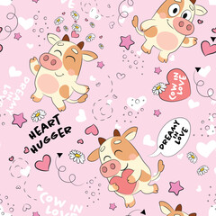 Kawaii cow in love seamless pattern on pink