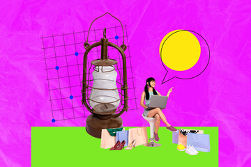 3d image pop contemporary photo collage of happy businesswoman freelancer surf laptop bubble dialogue lamp idea bags discount