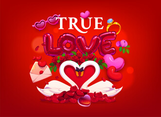 Obraz premium Valentine day greeting card quote True Love with heart of swans in love, vector background. Valentine day or love holiday greeting card with love message envelope, heart balloons and flowers petals