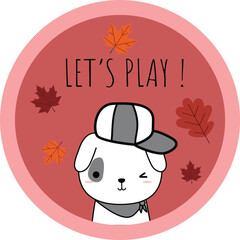 Cute Cartoon Dog Illustration "Let's Play!" with Autumn Leaves Vector