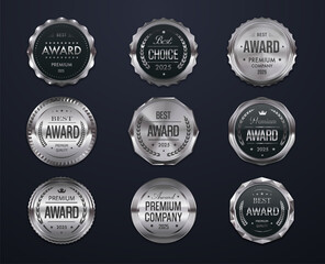 Best award silver seal vector labels and stamps with laurel wreath, text premium award and best choice, stars, crowns and luxury frames. Certificate, premium product, business award labels