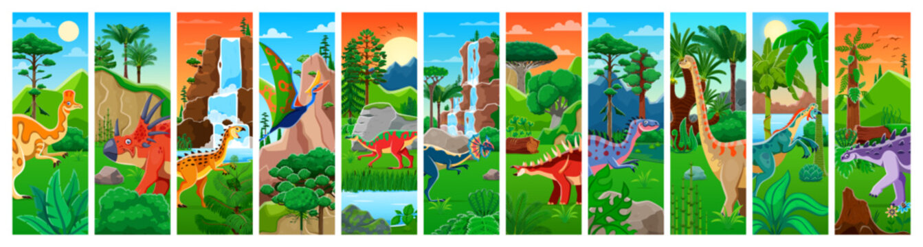 Prehistoric dinosaurs collage. Cartoon jungle with colorful dino animals in tropical landscapes. Vector panorama includes waterfalls, palm trees, mountains and dinosaur species in lush environments
