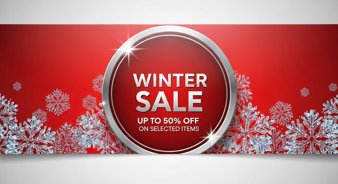 Red backdrop featuring snowflakes with "Winter Sale" in the center, within a silver ring, showcasing a seasonal sale promotion with limited-time discounts