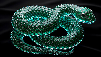 Emerald Green Gemstone Snake Coiled on Black. Luxury Jewelry and Fantasy Art.
