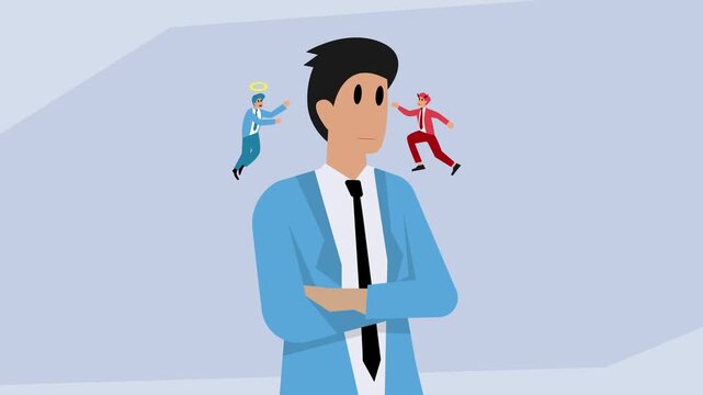 Businessman Facing Ethical Dilemma with Good Angel and Bad Devil Influences cartoon animation