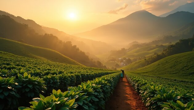 Person walks on path through lush green tea plantation hills at sunrise. Golden sunbeams illuminate misty mountain valley landscape. Agriculture scene shows rows of plants and distant village. - Powered by Adobe