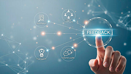 A hand touching the feedback icon for the concept of user experience and business feedback system.