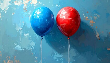 Two colorful, shiny, inflated spherical objects hang against a textured azure-hued background with brushstrokes