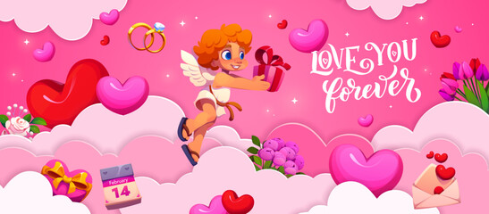 Obraz premium Valentine day paper cut banner with love you forever quote, cartoon vector. Cheerful cupid cherub or angel with love gifts and flowers in paper cut clouds sky for Valentine day holiday greeting card